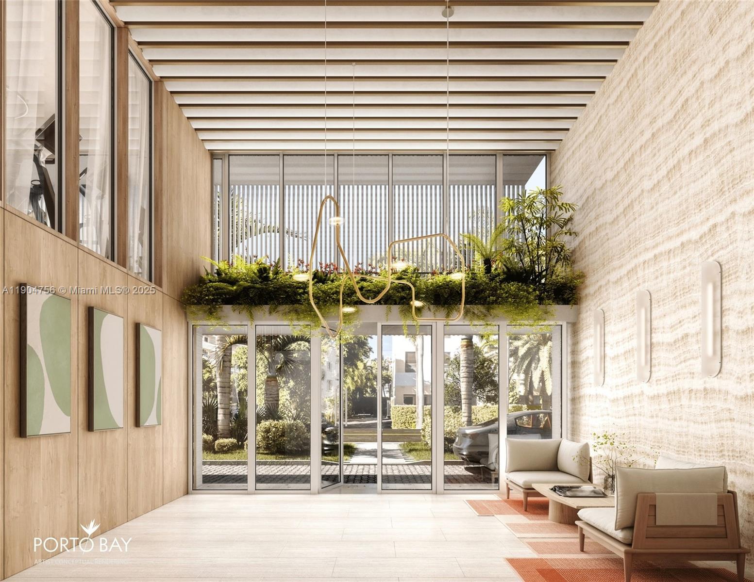 This architectural rendering shows a modern lobby with wood paneling, stone walls, and greenery — 1130 100th St, Bay Harbor Islands FL 33154, BAY HARBOR ISLANDS, FL