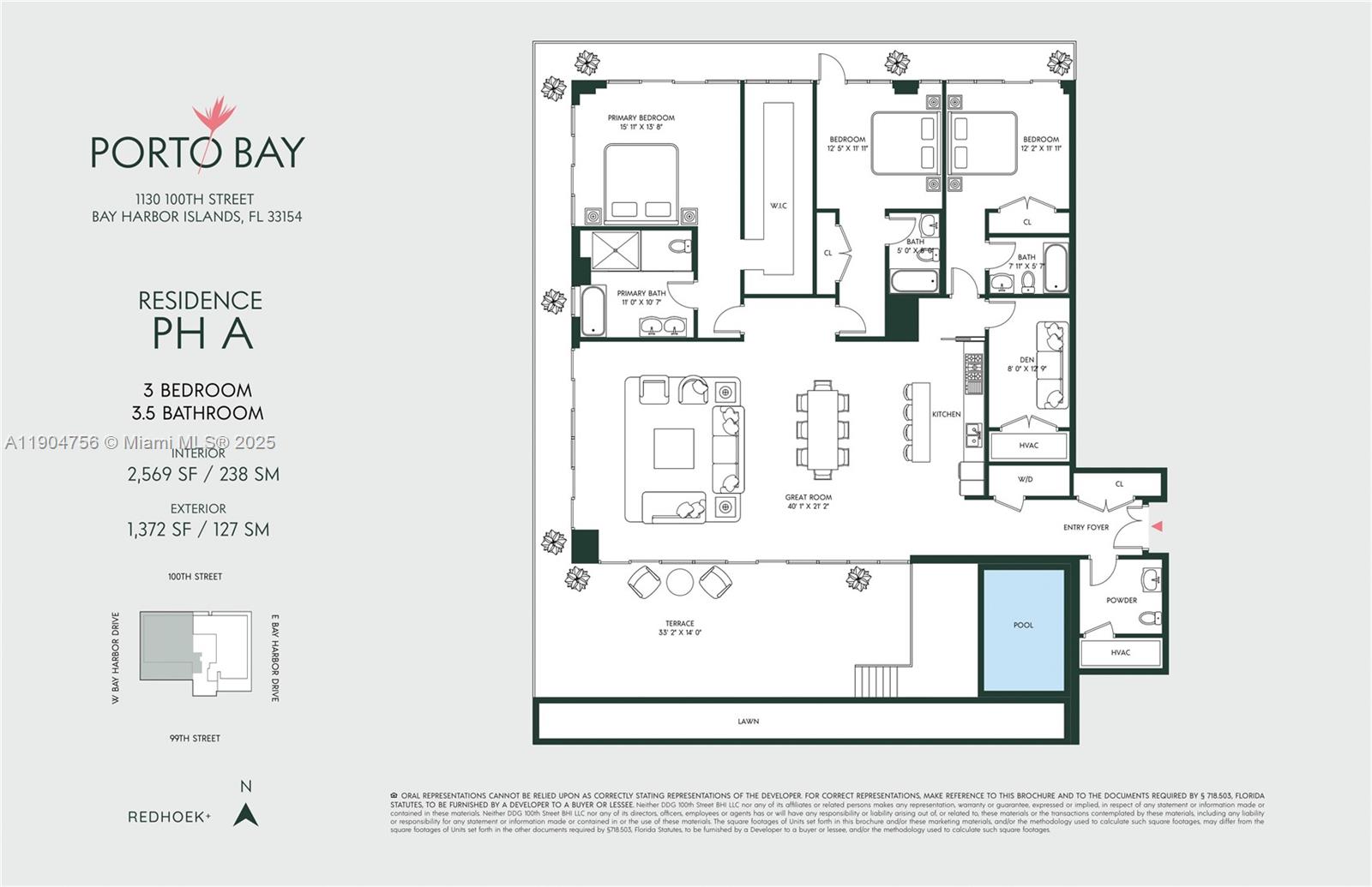This is a floor plan for a three-bedroom, 3.5-bathroom penthouse unit with a private pool — 1130 100th St, Bay Harbor Islands FL 33154, BAY HARBOR ISLANDS, FL