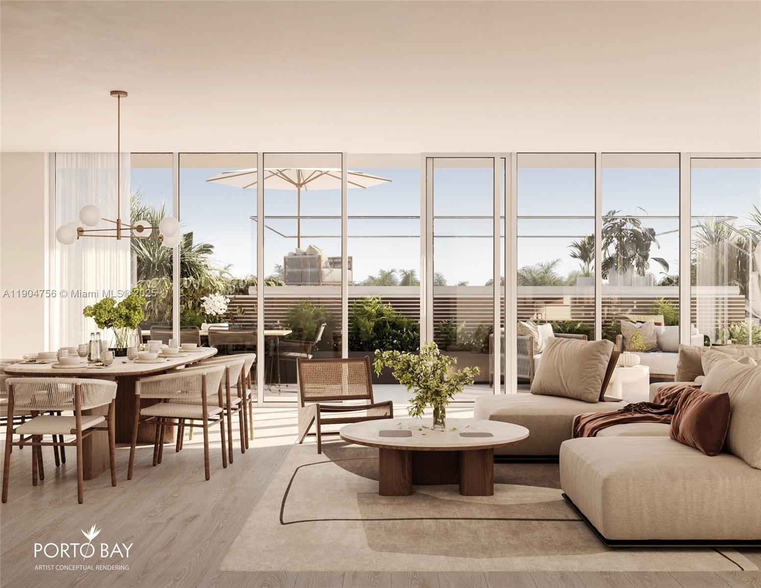 This artist conceptual rendering shows a modern living and dining area with floor-to-ceiling glass doors — 1130 100th St, Bay Harbor Islands FL 33154, BAY HARBOR ISLANDS, FL