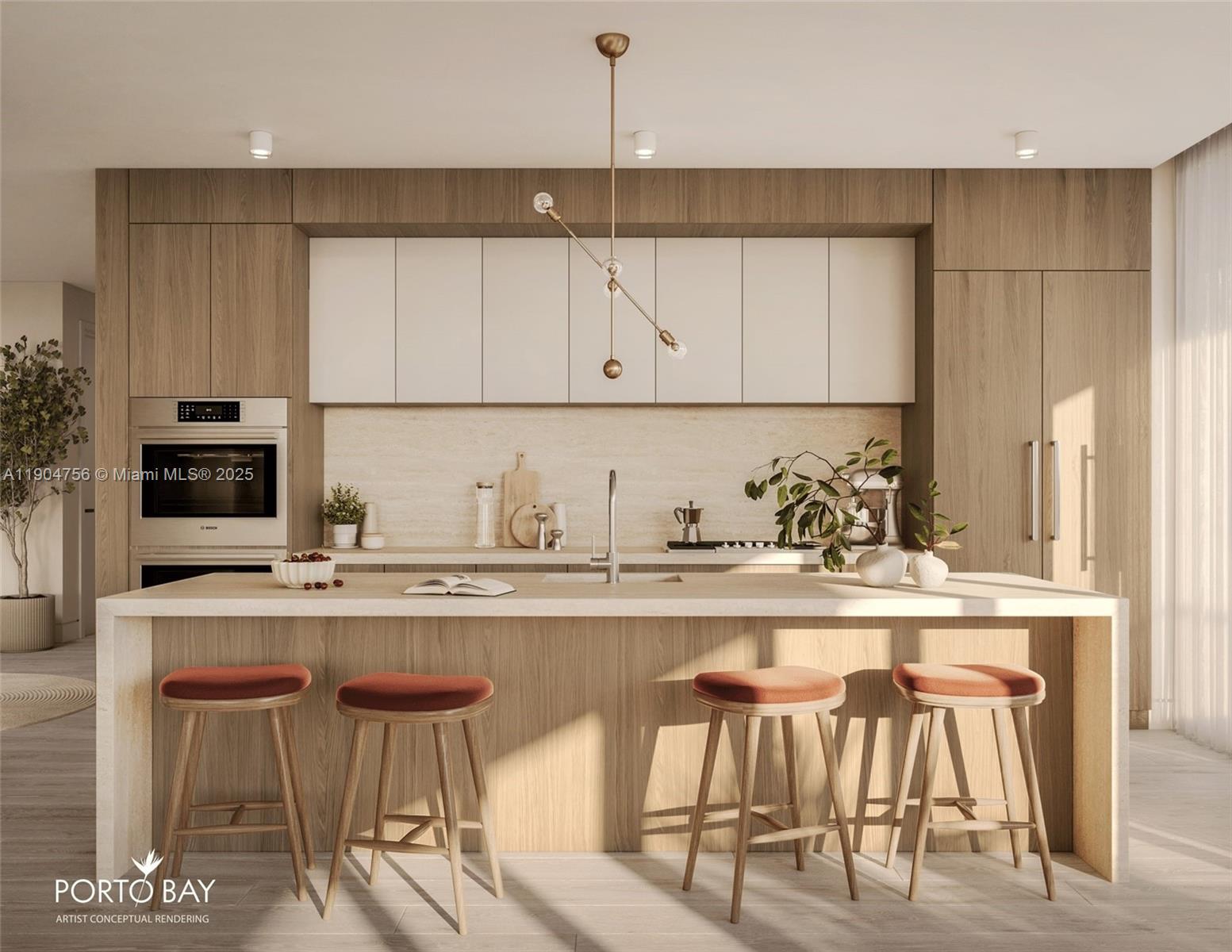This is an artist rendering of a modern kitchen featuring wood cabinetry and a central island — 1130 100th St, Bay Harbor Islands FL 33154, BAY HARBOR ISLANDS, FL