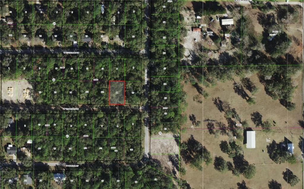 This is an aerial map showing a highlighted rectangular plot of land among wooded lots — 9565 W TENNESSEE LANE, CRYSTAL RIVER, FL