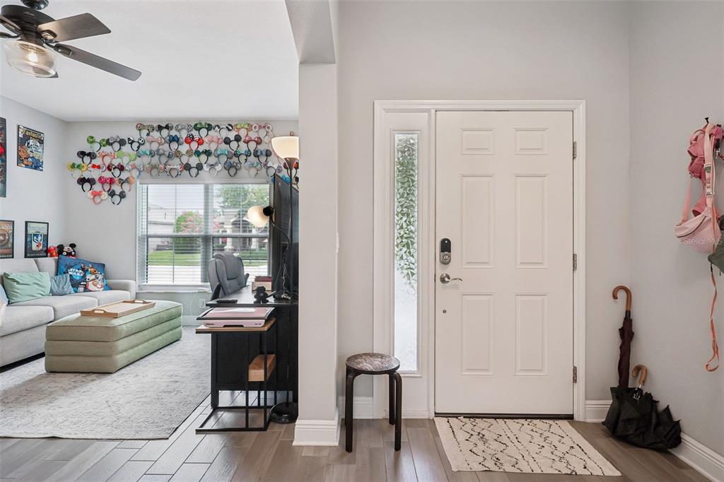 An entryway with a white front door leads into a living room featuring Disney ears — 8210 MALLOW MIRROR LANE, LAND O LAKES, FL