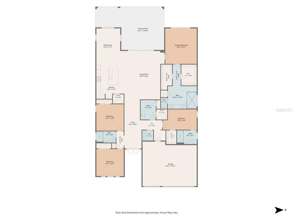 This is a floor plan for a single-story house with a garage and covered patio — 2629 WATERFRONT CIRCLE, SARASOTA, FL