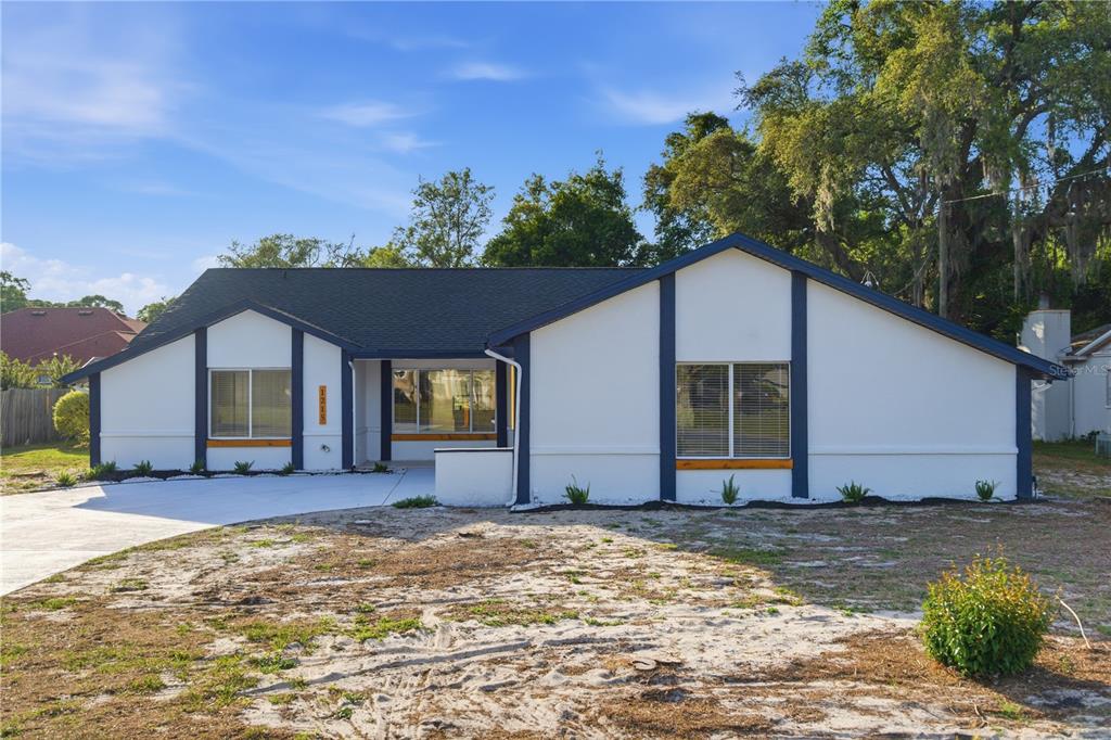 A single-story house with white stucco walls, dark trim, and a concrete driveway — 1215 WATERFALL DRIVE, SPRING HILL, FL