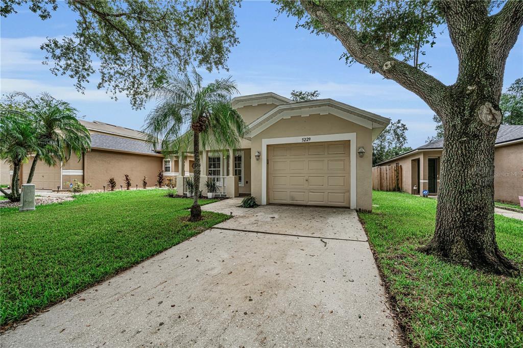 A tan single-story house with a concrete driveway, a one-car garage, and a palm tree — 5229 MANGO FRUIT STREET, SEFFNER, FL