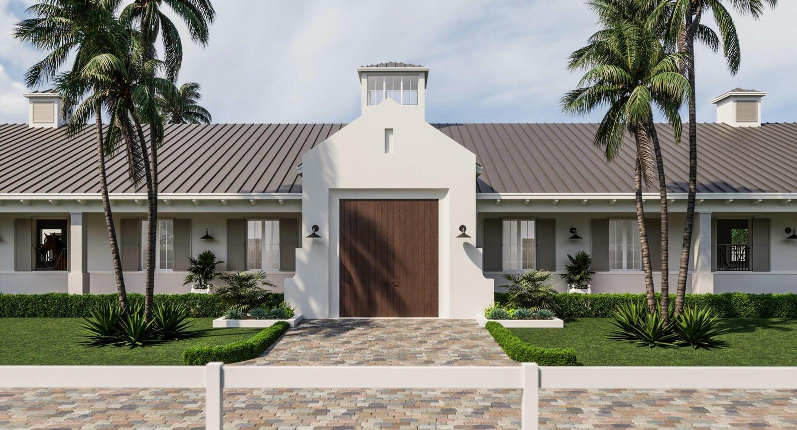 This is a rendering of a single-story building with a central entrance and palm trees — 14627 Hunter Lane, Wellington FL 33449, WELLINGTON, FL
