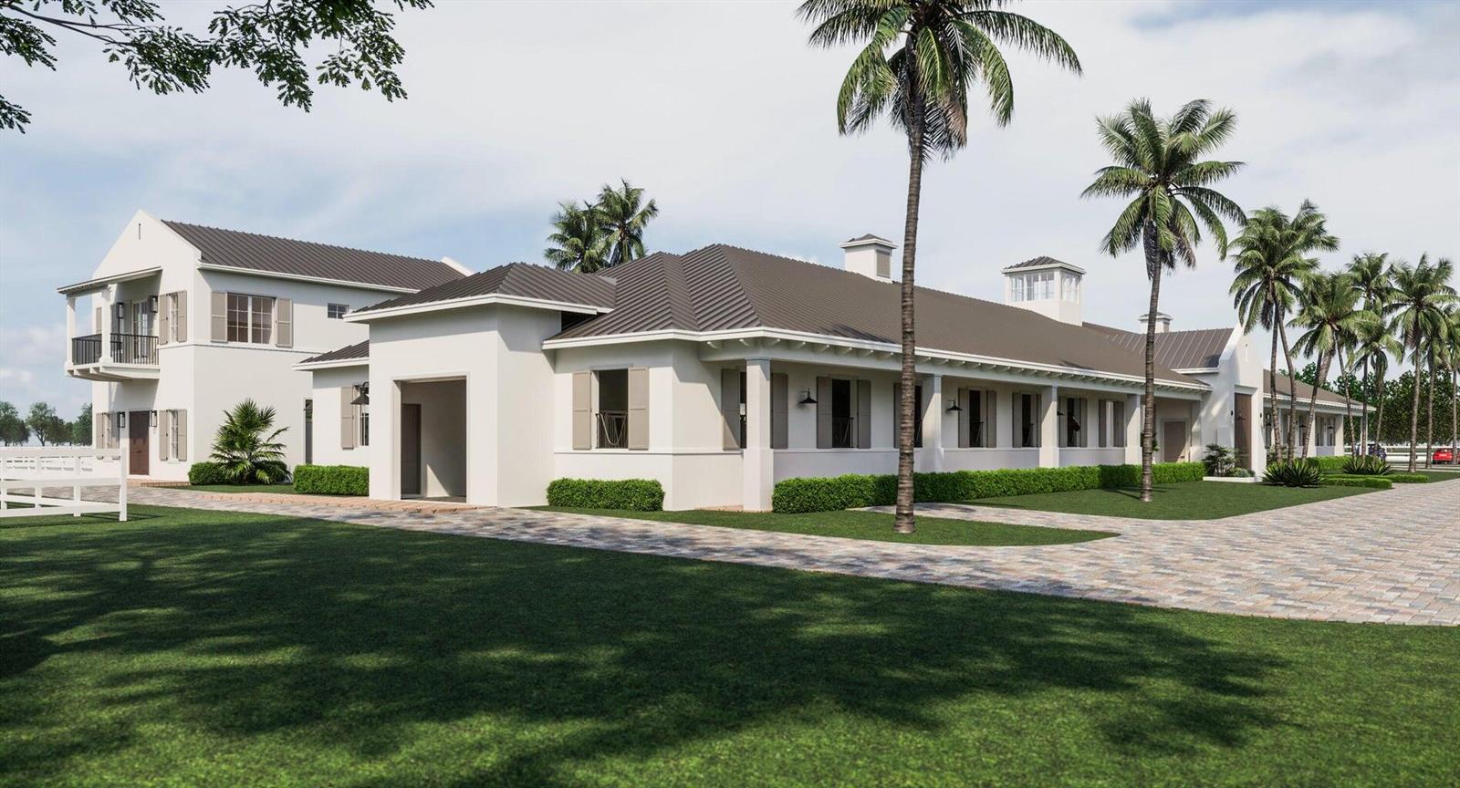 This is a rendering of a white, single-story building with a dark metal roof — 14627 Hunter Lane, Wellington FL 33449, WELLINGTON, FL