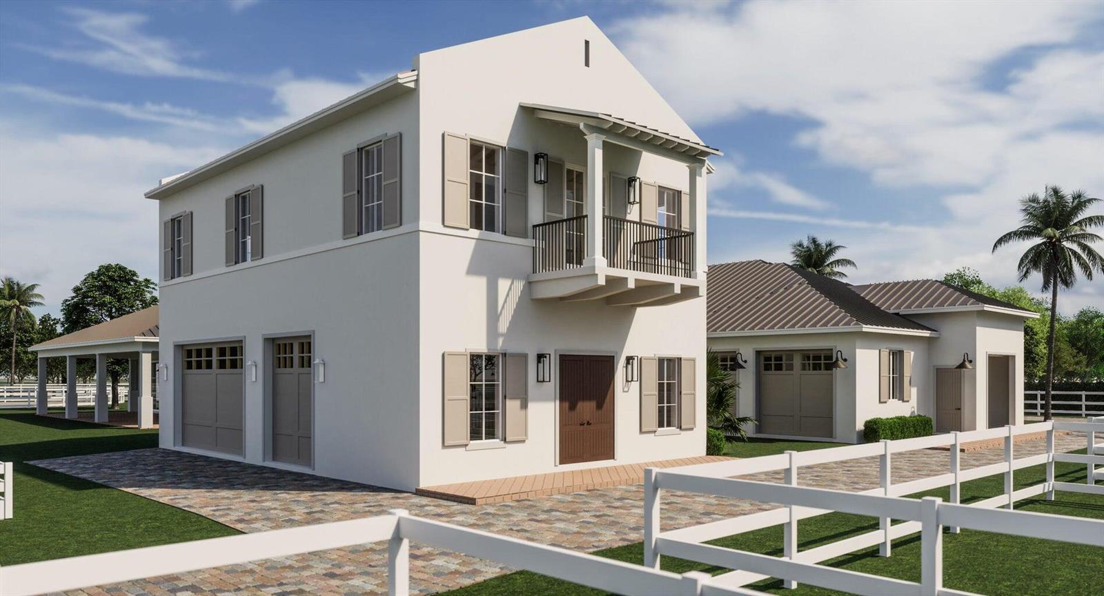 A digital rendering of a two-story white stucco house with a balcony and garage doors — 14627 Hunter Lane, Wellington FL 33449, WELLINGTON, FL