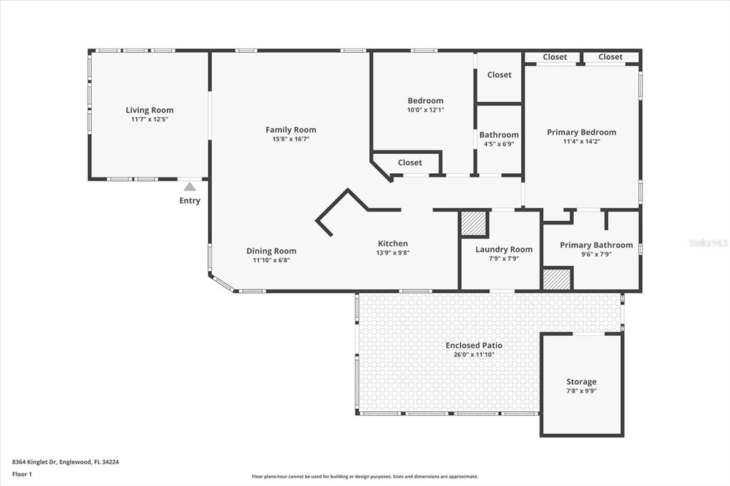 This is a floor plan of a single-story house with two bedrooms and two bathrooms — 8364 KINGLET DRIVE, ENGLEWOOD, FL