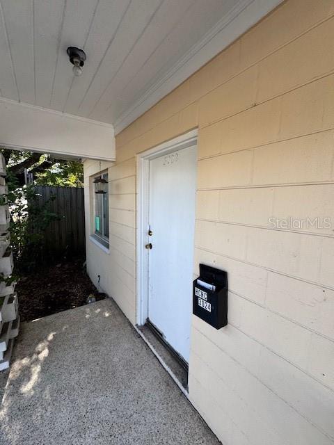 A concrete porch leads to a white front door with a black wall-mounted mailbox — 3022 W SWANN AVENUE, TAMPA, FL