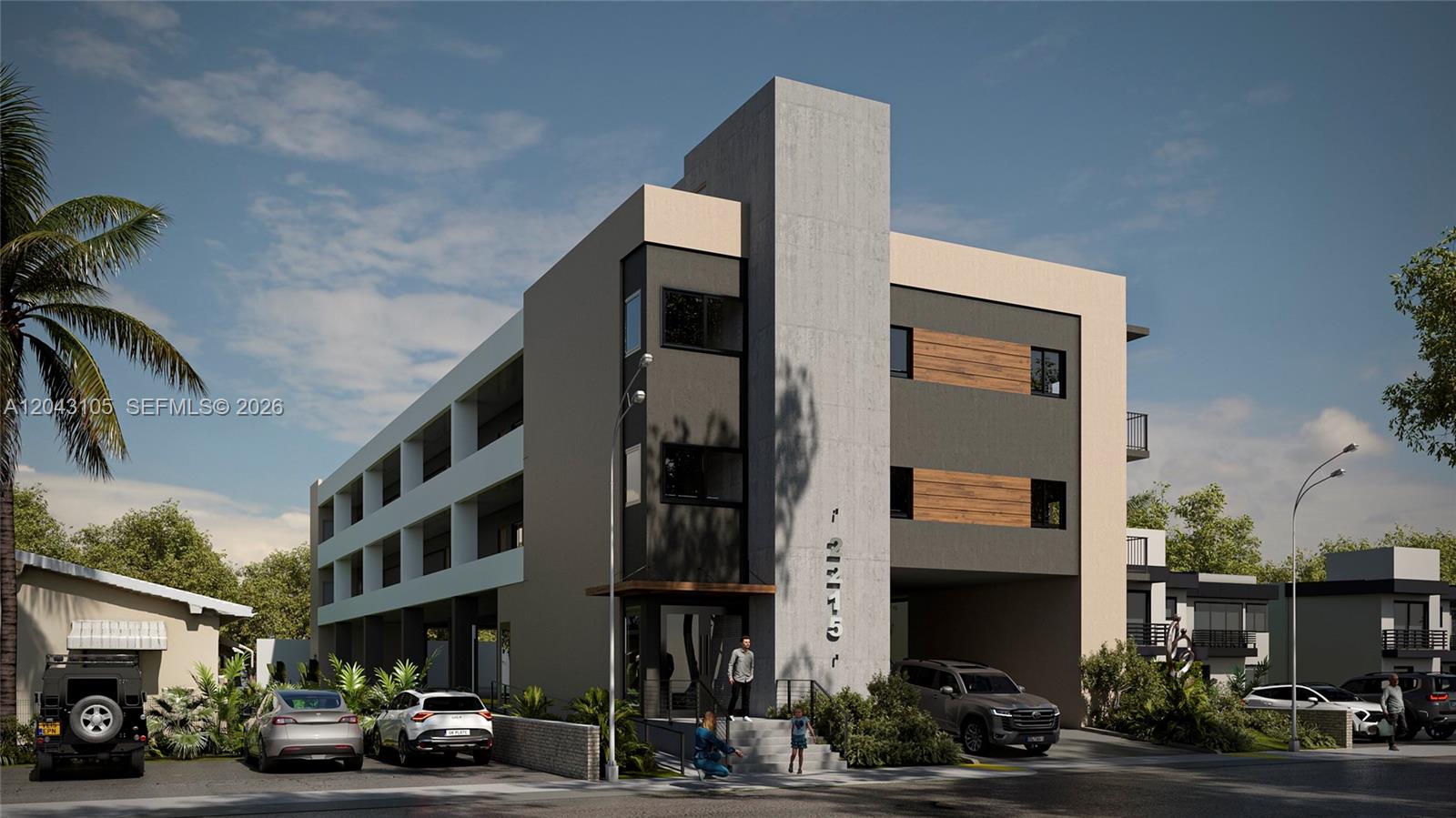 This is a digital rendering of a modern multi-story apartment building with a concrete facade — 2215 Adams St, Hollywood FL 33020, HOLLYWOOD, FL