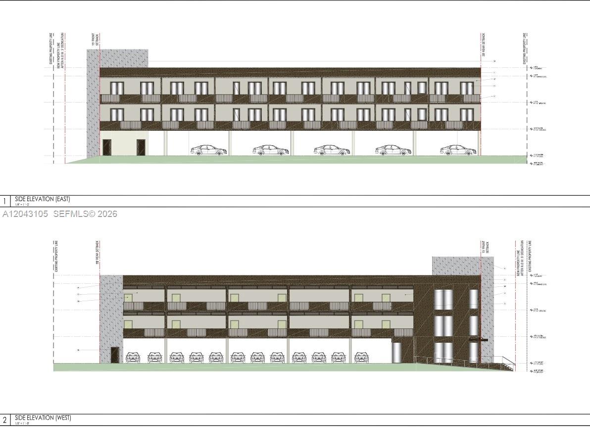 This architectural rendering shows the east and west side elevations of a multi-story building — 2215 Adams St, Hollywood FL 33020, HOLLYWOOD, FL
