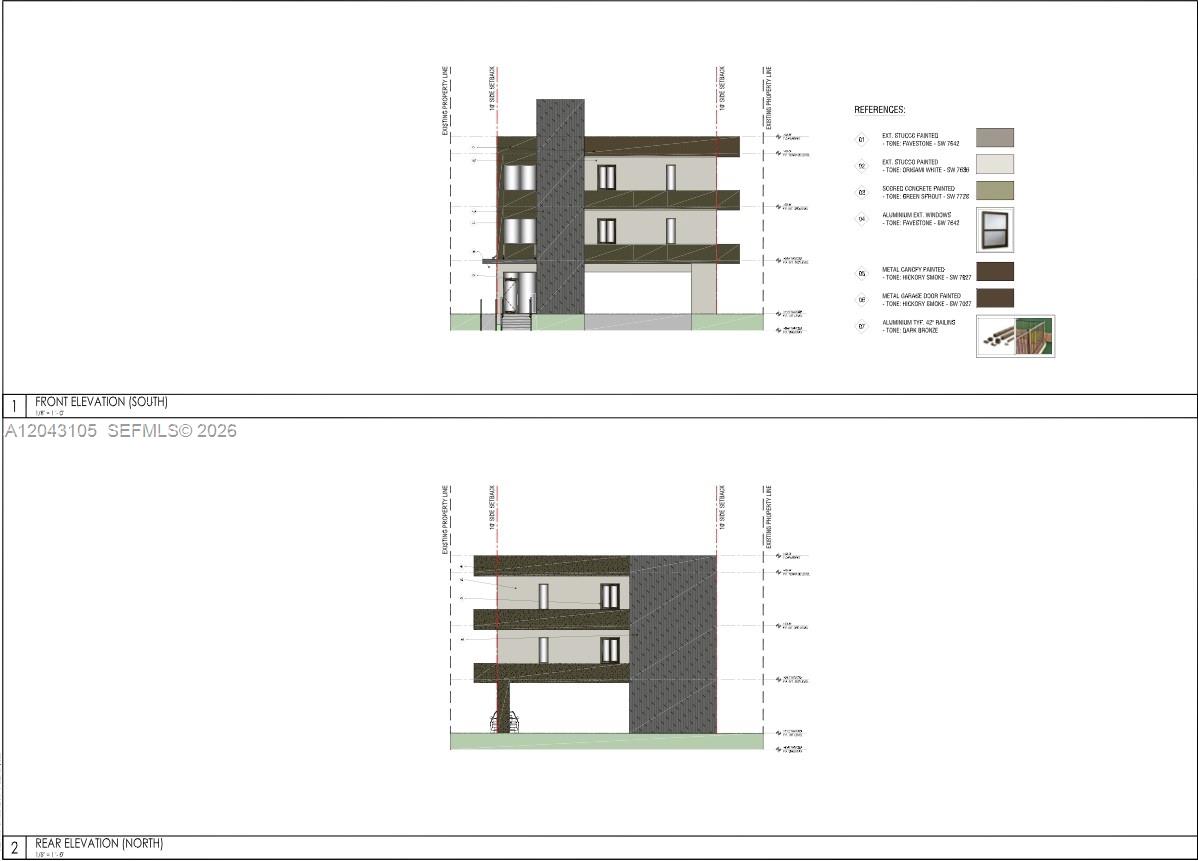 This architectural rendering shows the front and rear elevations of a modern three-story building — 2215 Adams St, Hollywood FL 33020, HOLLYWOOD, FL