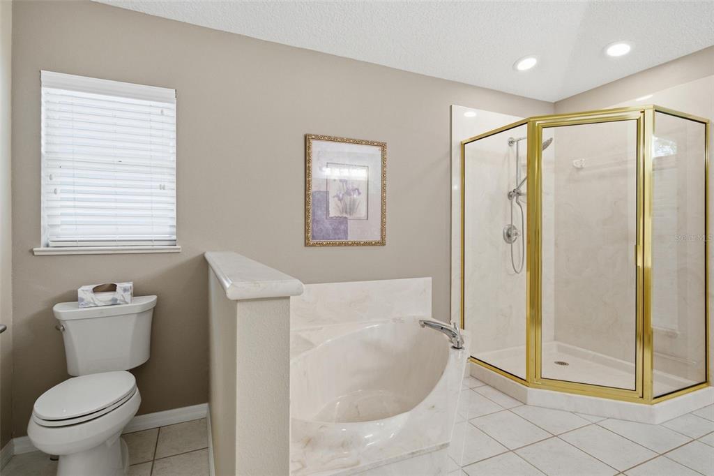 A bathroom features a toilet, a corner soaking tub, and a glass-enclosed shower — 1204 N MEDITERRANEAN WAY, INVERNESS, FL