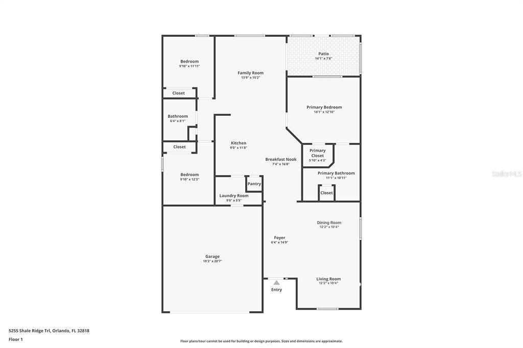 This is a floor plan for a single-story residential home with a garage and patio — 5255 SHALE RIDGE TRAIL, ORLANDO, FL