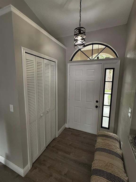 An entryway features a white front door with a sidelight, louvered closet doors, and wood-look flooring — 2808 MILL RUN BOULEVARD, KISSIMMEE, FL