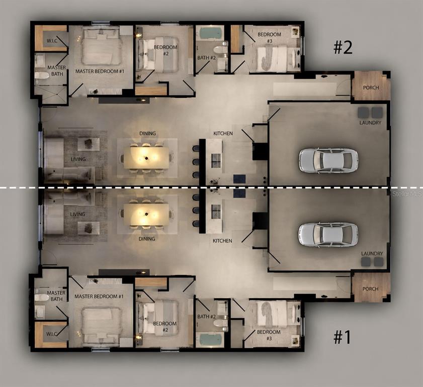This floor plan shows two mirrored residential units, each featuring three bedrooms and a garage — 1812/1814 NE 8TH PLACE, CAPE CORAL, FL