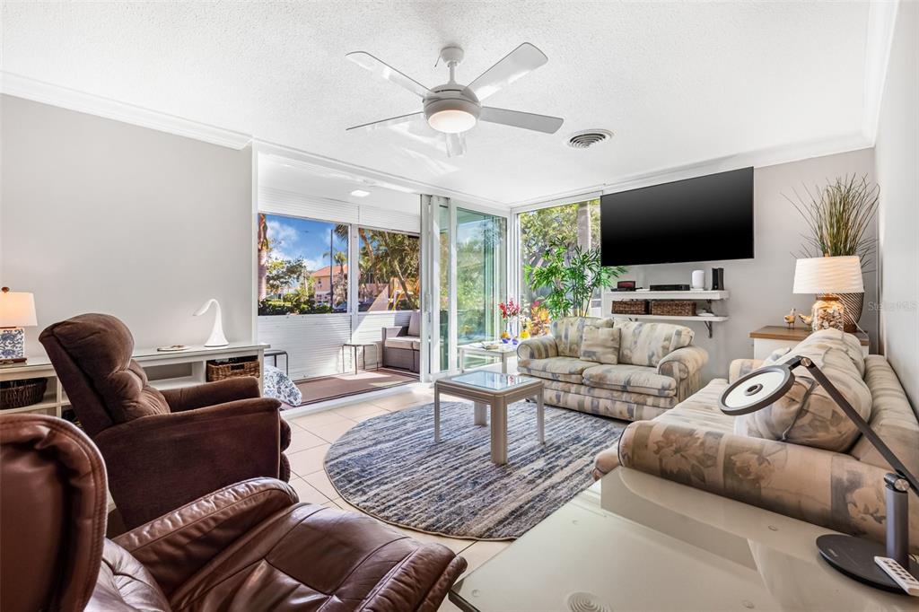 A living room features a ceiling fan, a round rug, and sliding doors to a lanai — 615 10TH AVENUE NE UNIT 1, ST PETERSBURG, FL