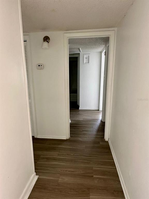 A hallway with wood-look flooring leads through a doorway into another room — 2519 N ALAFAYA TRAIL UNIT 34, ORLANDO, FL