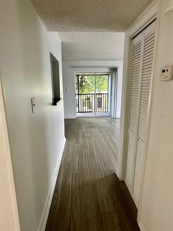 A hallway with wood-look flooring leads to a living area with a sliding glass door — 2519 N ALAFAYA TRAIL UNIT 34, ORLANDO, FL