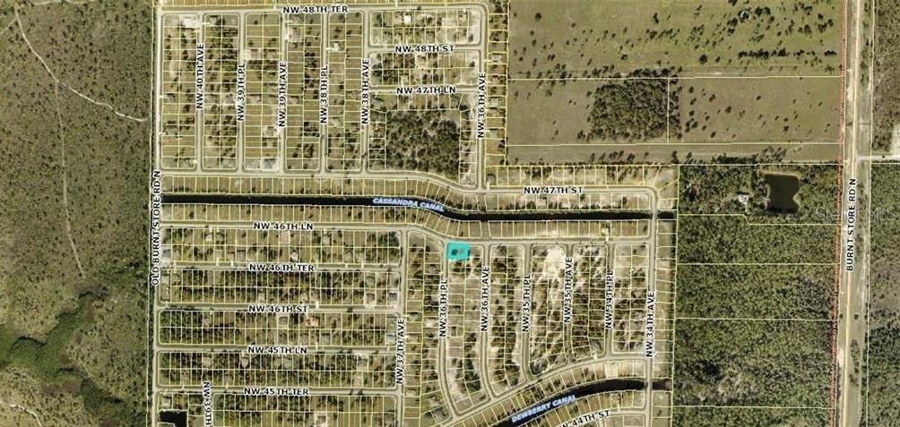 This is an aerial map showing residential lots, streets, and canals in a suburban area — 4621 NW 36TH PLACE, CAPE CORAL, FL