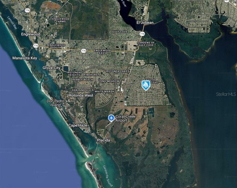 This is a satellite map showing the Rotonda West and Englewood areas of Florida — 9533 PRESIDENT CIRCLE, PORT CHARLOTTE, FL