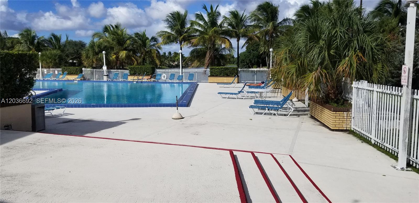 A swimming pool area features lounge chairs, palm trees, and a white fence — 14201 N Kendall Dr # 405D, Miami FL 33186, MIAMI, FL