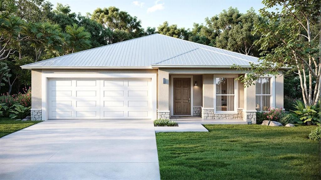 A rendering of a single-story house with a metal roof, two-car garage, and stone accents — 26257 BROOKS ROAD, PUNTA GORDA, FL