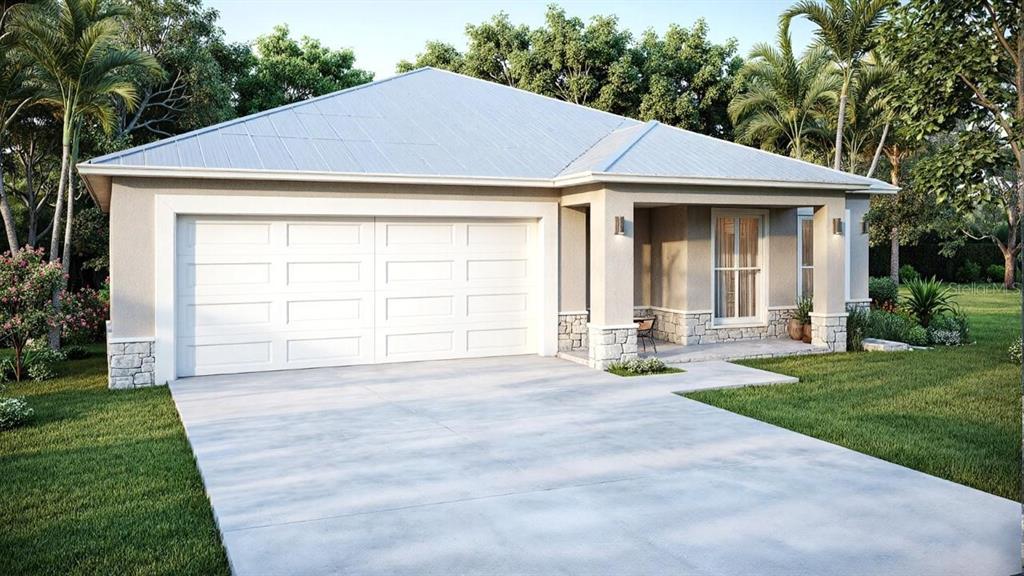This is a rendering of a single-story house with a two-car garage and stone accents — 26257 BROOKS ROAD, PUNTA GORDA, FL