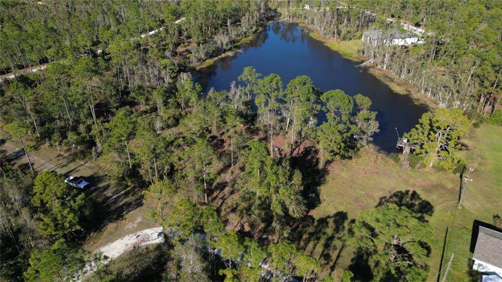 An aerial view shows a wooded lot with a pond and a small wooden dock — 12135 LUDDEN COURT, PUNTA GORDA, FL