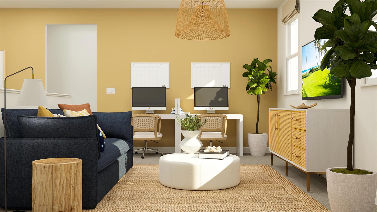 This rendering shows a home office with a navy sofa, dual desks, and yellow walls — 1760 Wandering Willow Way, FL 33470, FL