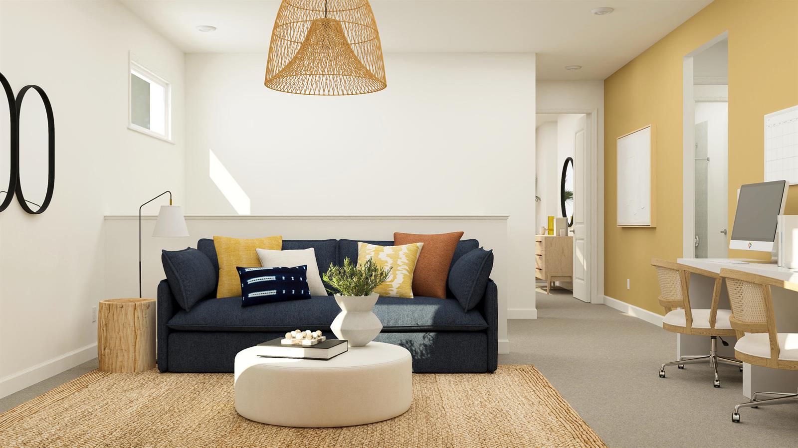 This rendering shows a living area with a navy sofa, round ottoman, and desk space — 1760 Wandering Willow Way, FL 33470, FL