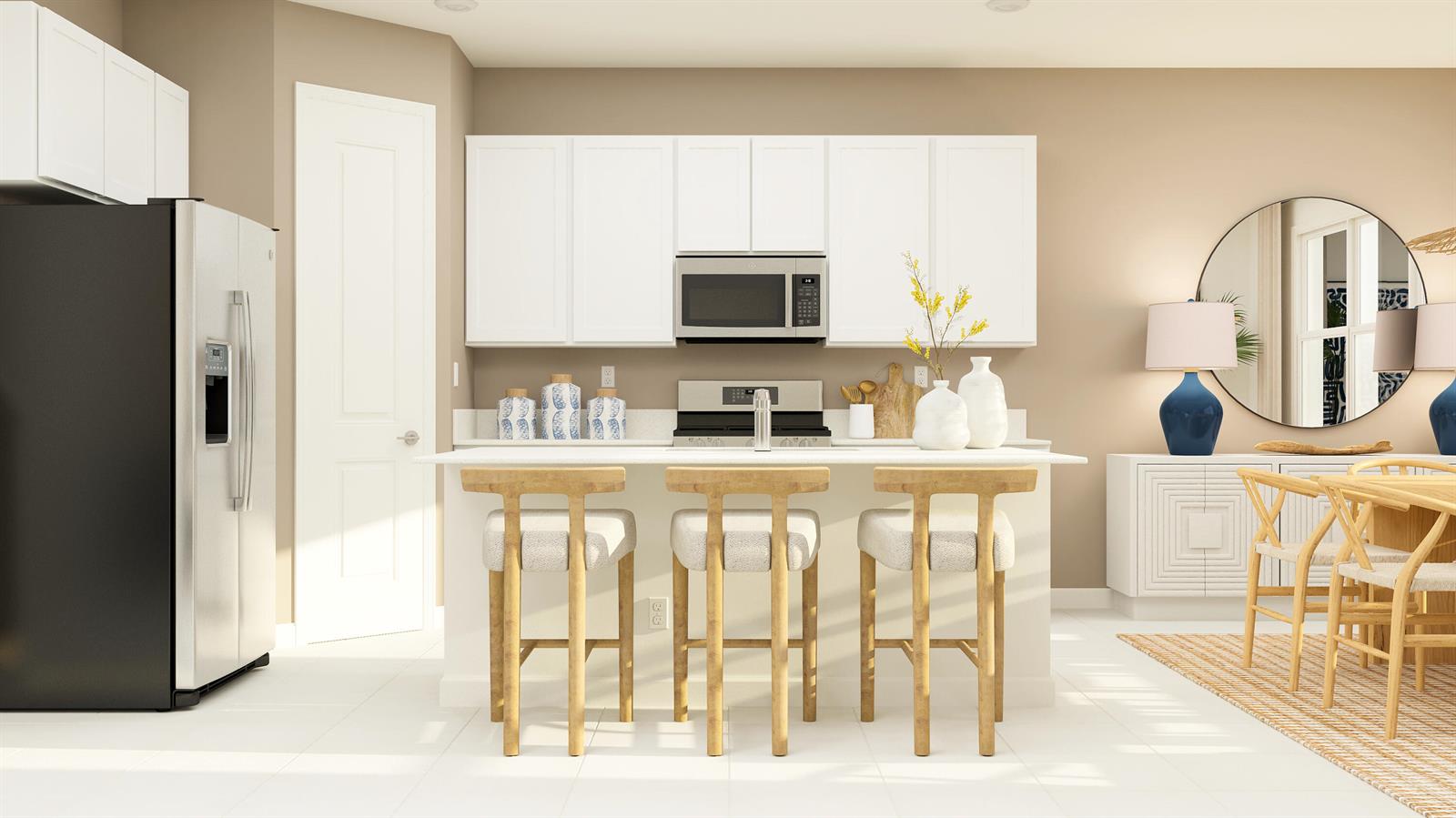 This is a rendering of a modern kitchen featuring white cabinetry, a central island, and stools — 1760 Wandering Willow Way, FL 33470, FL