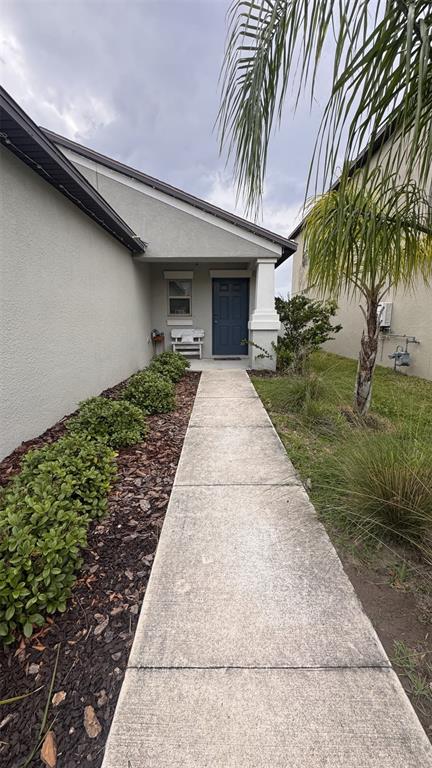 A concrete walkway leads to the front entrance of a house with a blue door — 5104 DANDELION STREET, APOLLO BEACH, FL