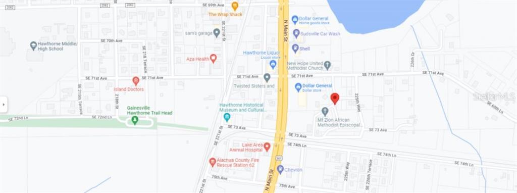 This is a map showing the streets and landmarks in the town of Hawthorne, Florida — 302 SE 65TH AVENUE, HAWTHORNE, FL