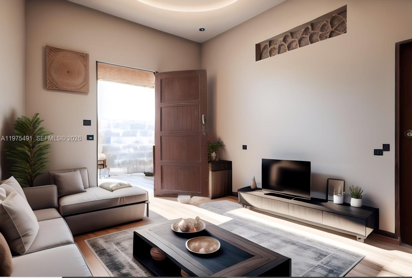 This is a rendering of a modern living room featuring a sofa, television, and balcony — 4150 SANTA CLARA, ou N/A, ou