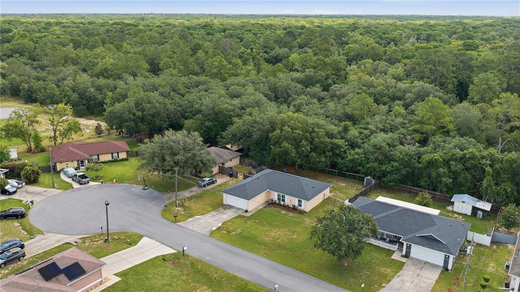 An aerial view shows several suburban houses with driveways surrounded by a dense forest — 5 FIR DRIVE, OCALA, FL