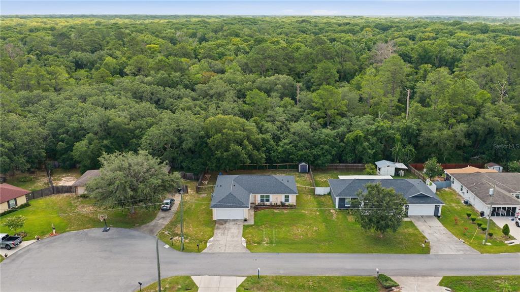 An aerial view shows three suburban houses with driveways and backyards bordering a dense forest — 5 FIR DRIVE, OCALA, FL
