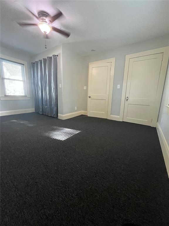 A bedroom features dark carpeting, a ceiling fan, gray walls, and two white doors — 402 W PARIS STREET, TAMPA, FL