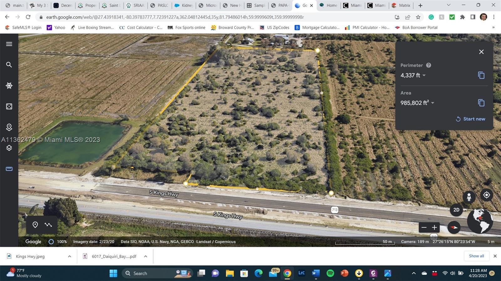This is a satellite map view showing a large, undeveloped rectangular plot of land — S Kings Hwy, Fort Pierce FL 34945, FORT PIERCE, FL