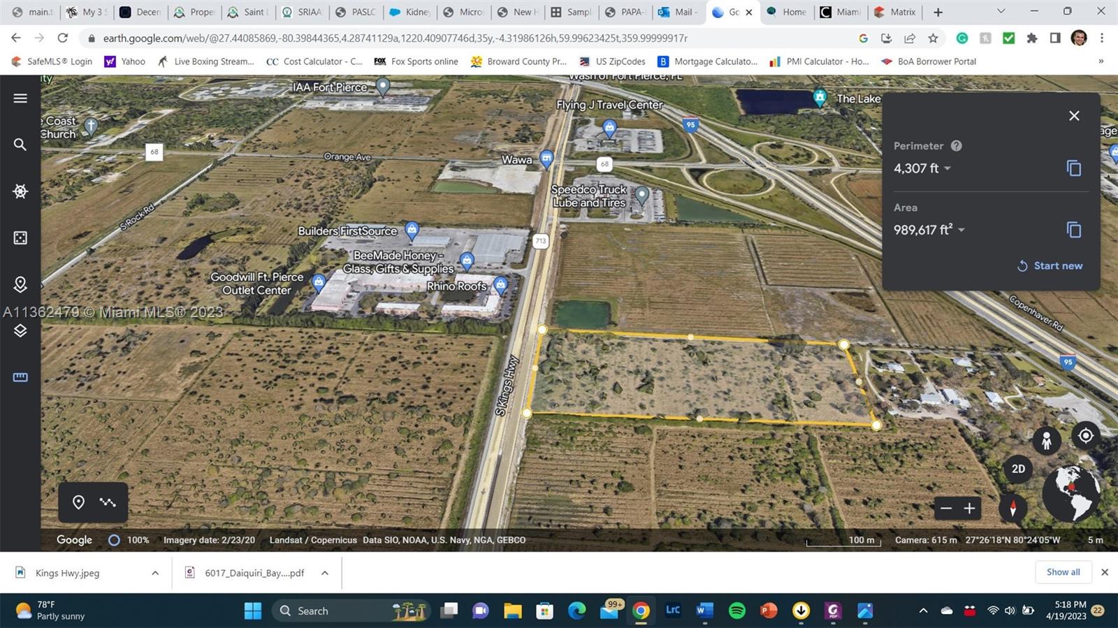 This is a satellite map view showing a rectangular plot of land outlined in yellow — S Kings Hwy, Fort Pierce FL 34945, FORT PIERCE, FL