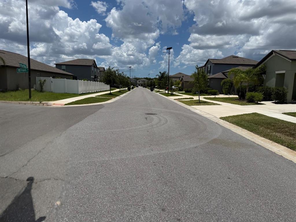 The exterior view shows the back of a gray house with a large grassy yard — 13204 GREAT PLAINS DRIVE, RIVERVIEW, FL