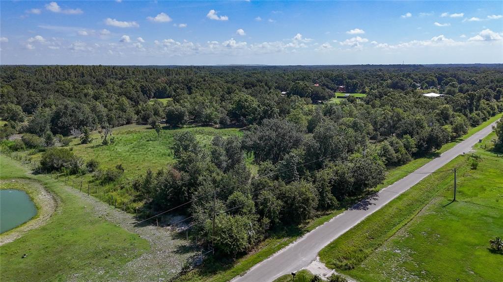 An aerial view shows a rural property with a road, trees, and a small pond — RED HAWK LANE, PLANT CITY, FL
