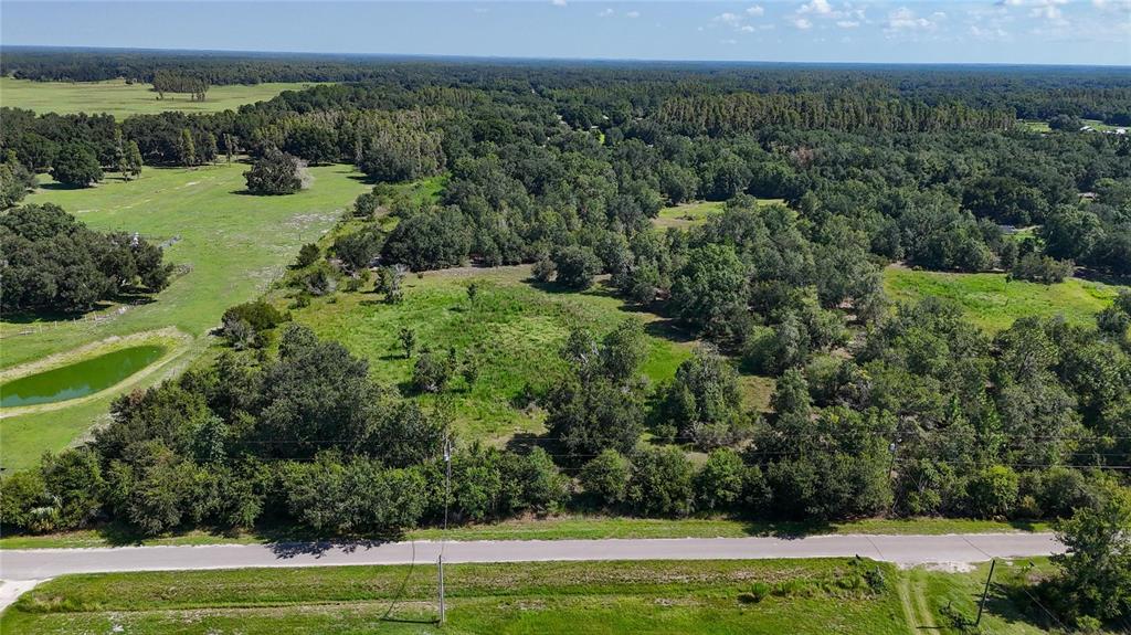 An aerial view shows a rural landscape with a road, trees, and a small pond — RED HAWK LANE, PLANT CITY, FL