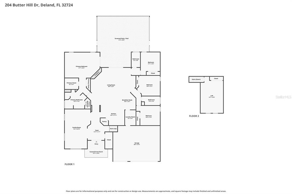 This is a two-story floor plan showing the layout of a house with a pool — 204 BUTTER HILL, DELAND, FL