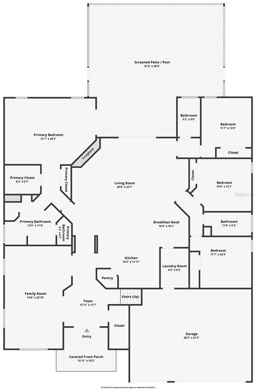 This is a floor plan of a single-story house featuring four bedrooms and a pool — 204 BUTTER HILL, DELAND, FL