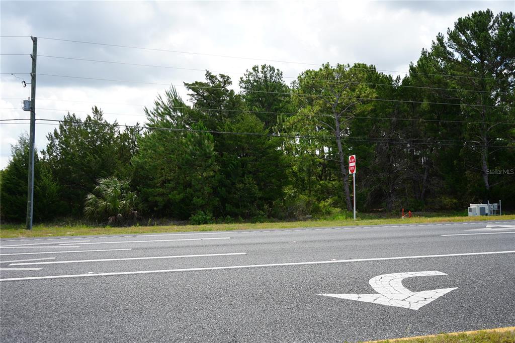A paved road with a turn arrow sits in front of a wooded vacant lot — 18284 COMMERCIAL WAY, WEEKI WACHEE, FL