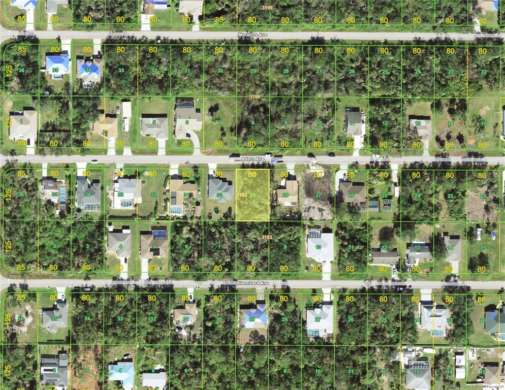 This is an aerial map showing residential lots and houses along several streets — 22445 ADORN AVENUE, PORT CHARLOTTE, FL