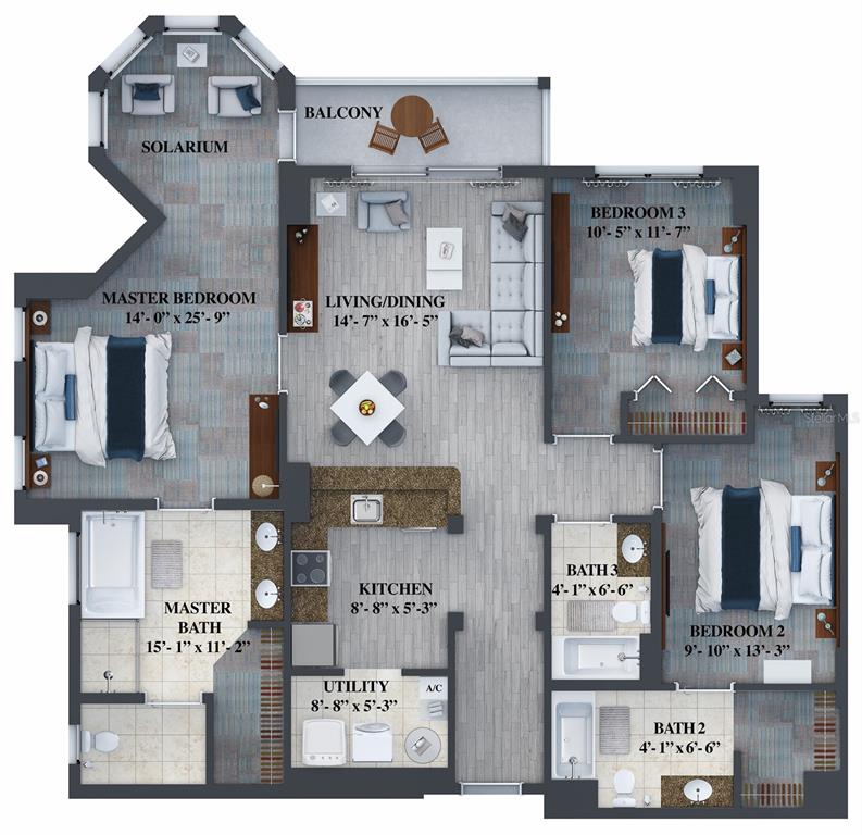 This is a floor plan rendering of a three-bedroom apartment with a solarium and balcony — 14501 GROVE RESORT AVE UNIT 1622, WINTER GARDEN, FL