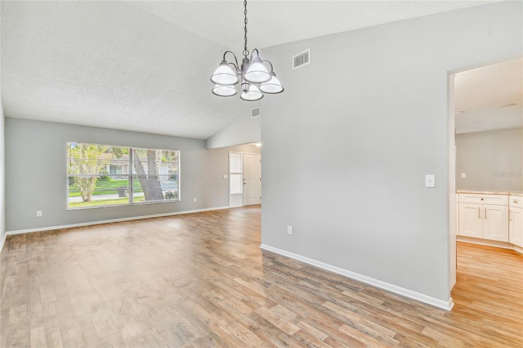 An open-concept living area features light gray walls, wood-look flooring, and a vaulted ceiling — 1010 RIFLECREST AVENUE, VALRICO, FL